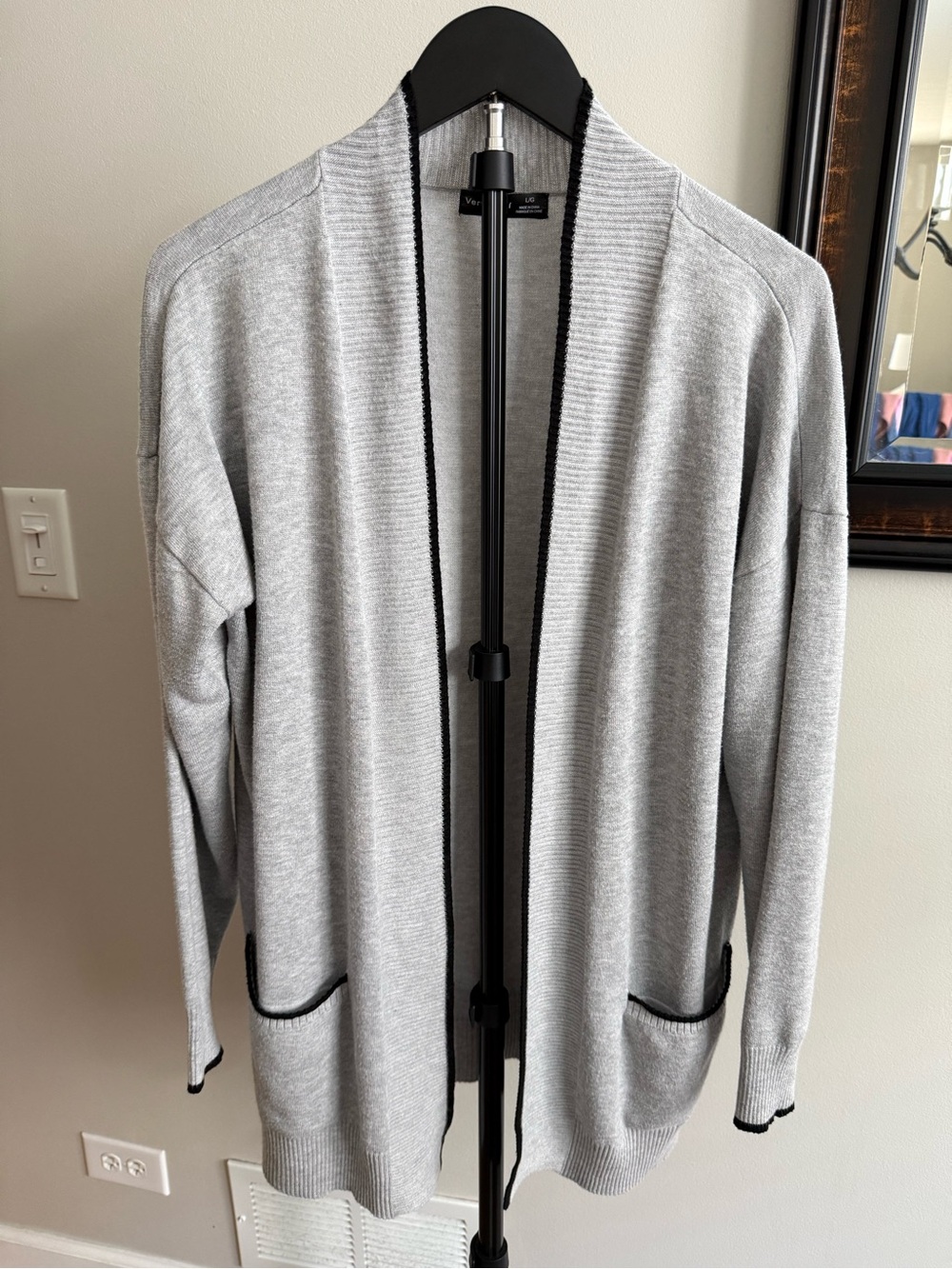 Verve Ami Light Gray Open-Front Cardigan with Black Trim
